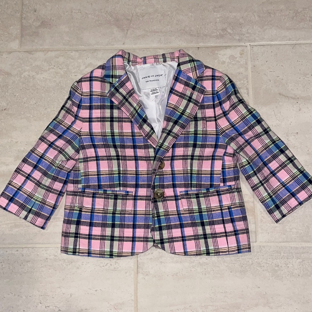 Janie and Jack Long Sleeve Plaid Linen Blazer | 6 to 12 months